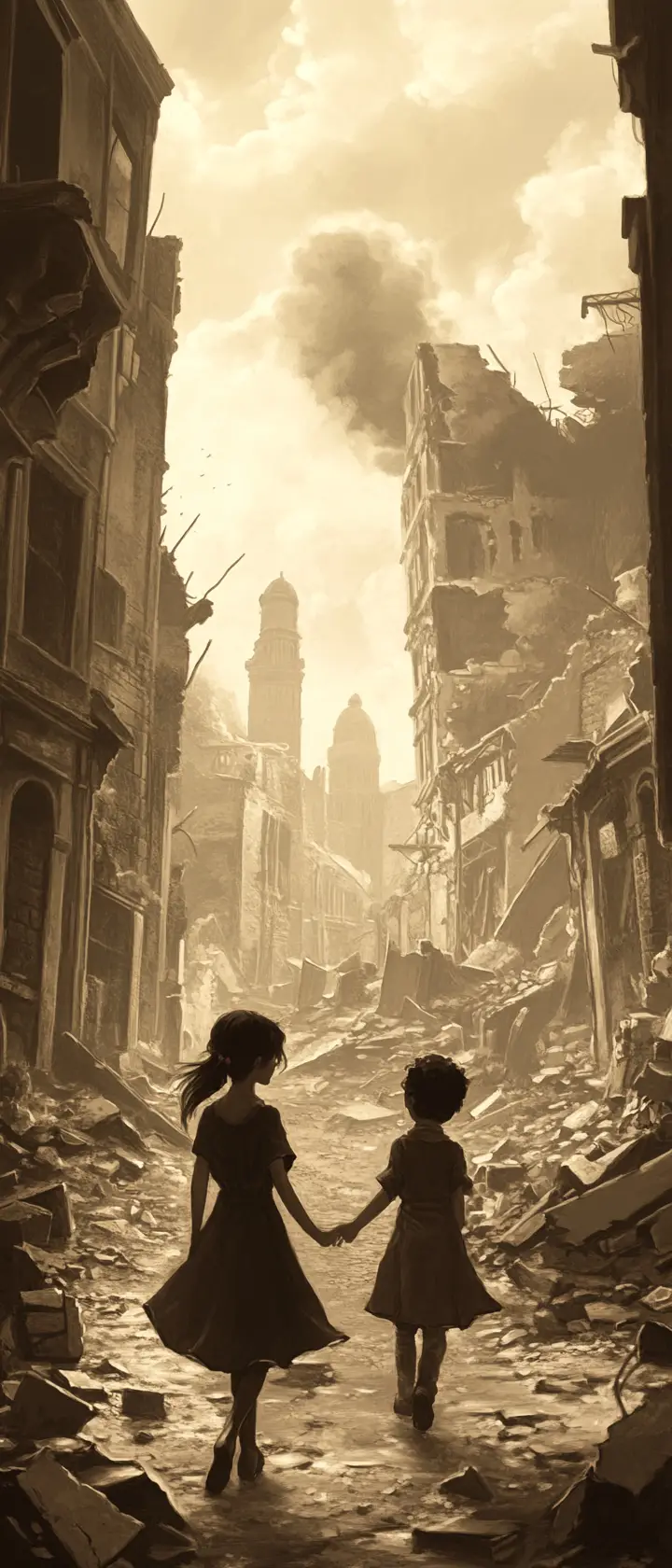 Two young women waltzing together in a ruined city