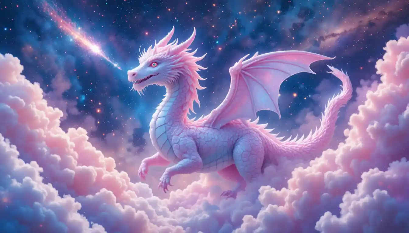 Whimsical cloud dragon chasing comets in colorful galaxy