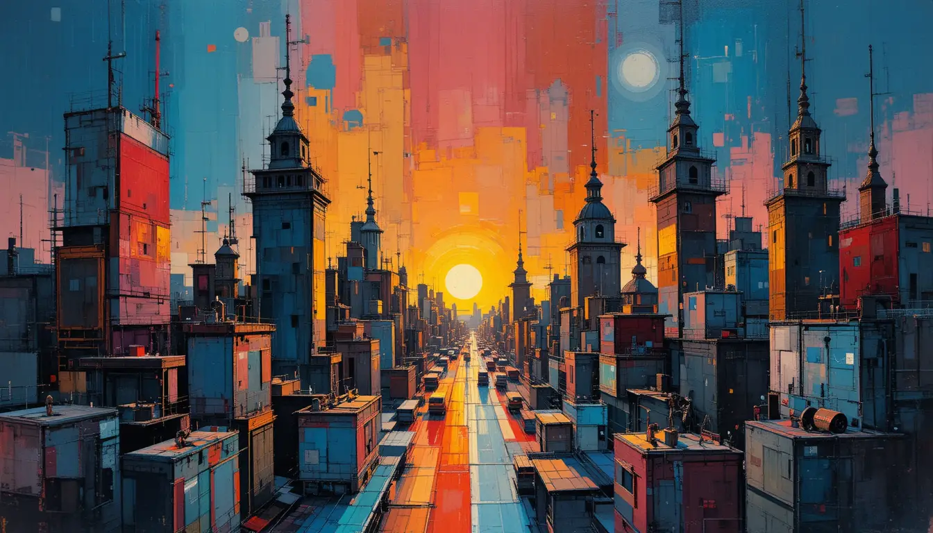 Abstract fragmented cityscape painting at dusk with vivid colors