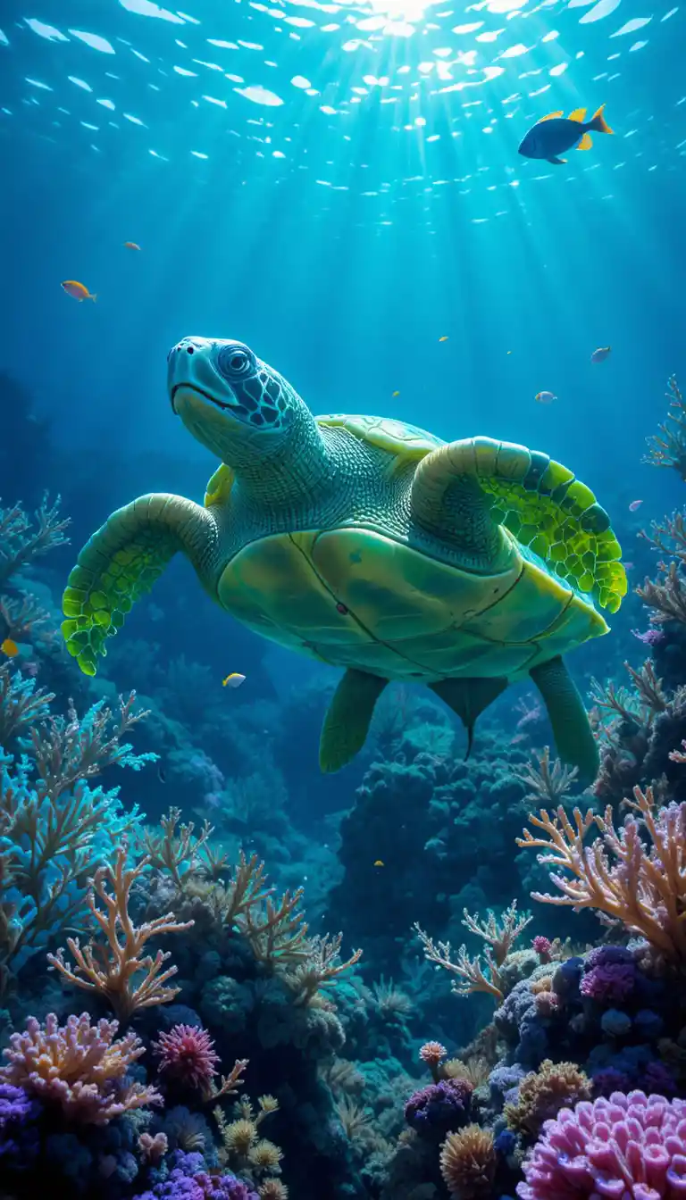 Tartaruga marina verde che nuota tra la barriera corallina con i pesci