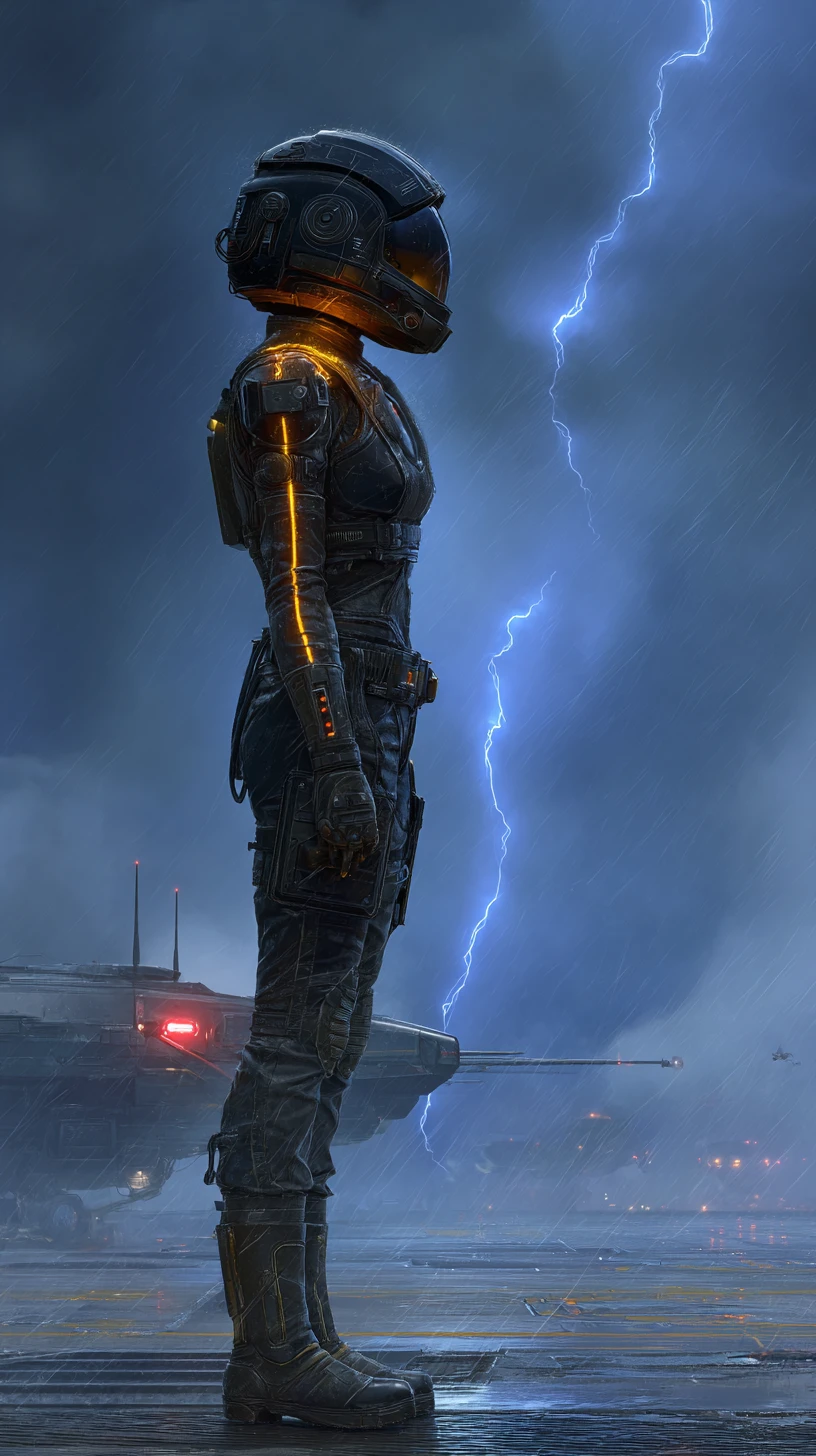 Female starfighter pilot on a rain soaked landing pad