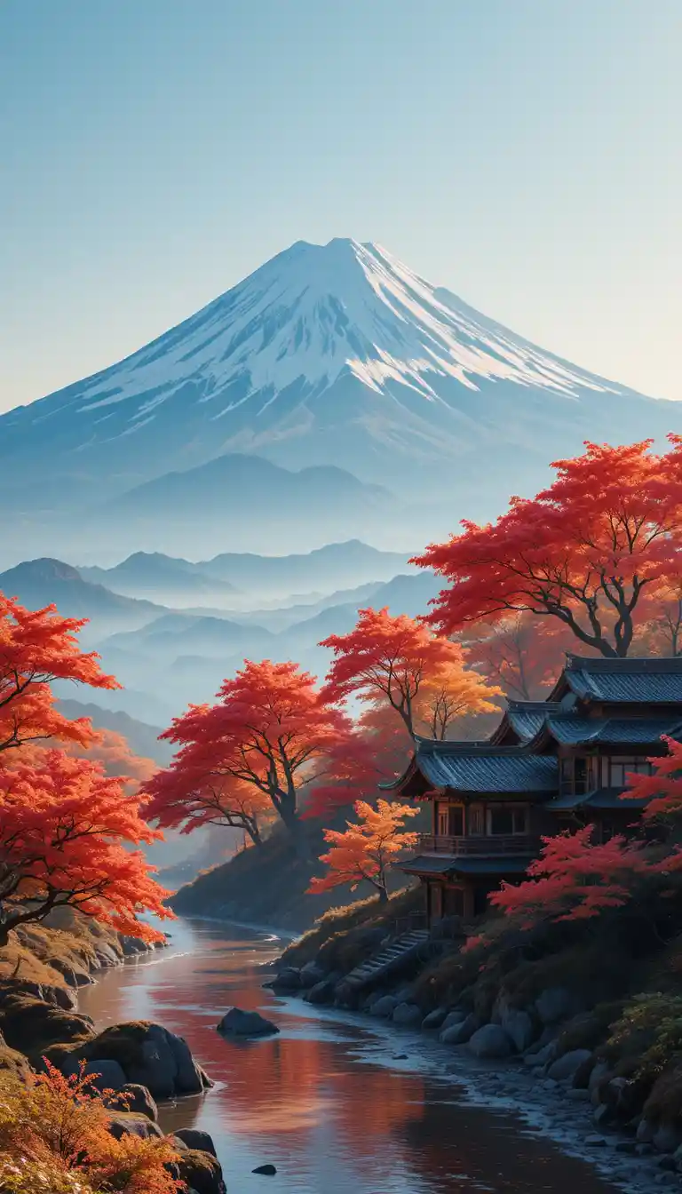 Sereno paisaje otoñal con el monte Fuji y arces