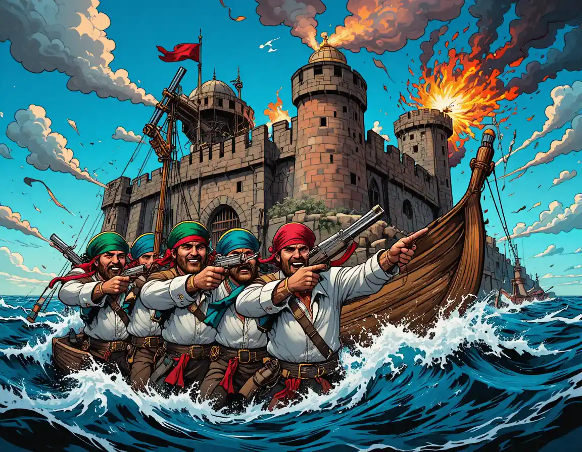 Nave pirata in battaglia con una fortezza costiera in stile fumetto