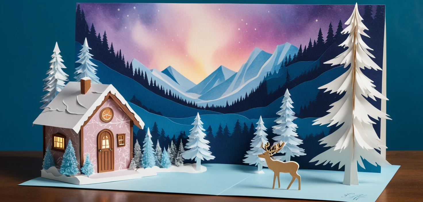 Pop up aurora greeting card with hiker and reindeer