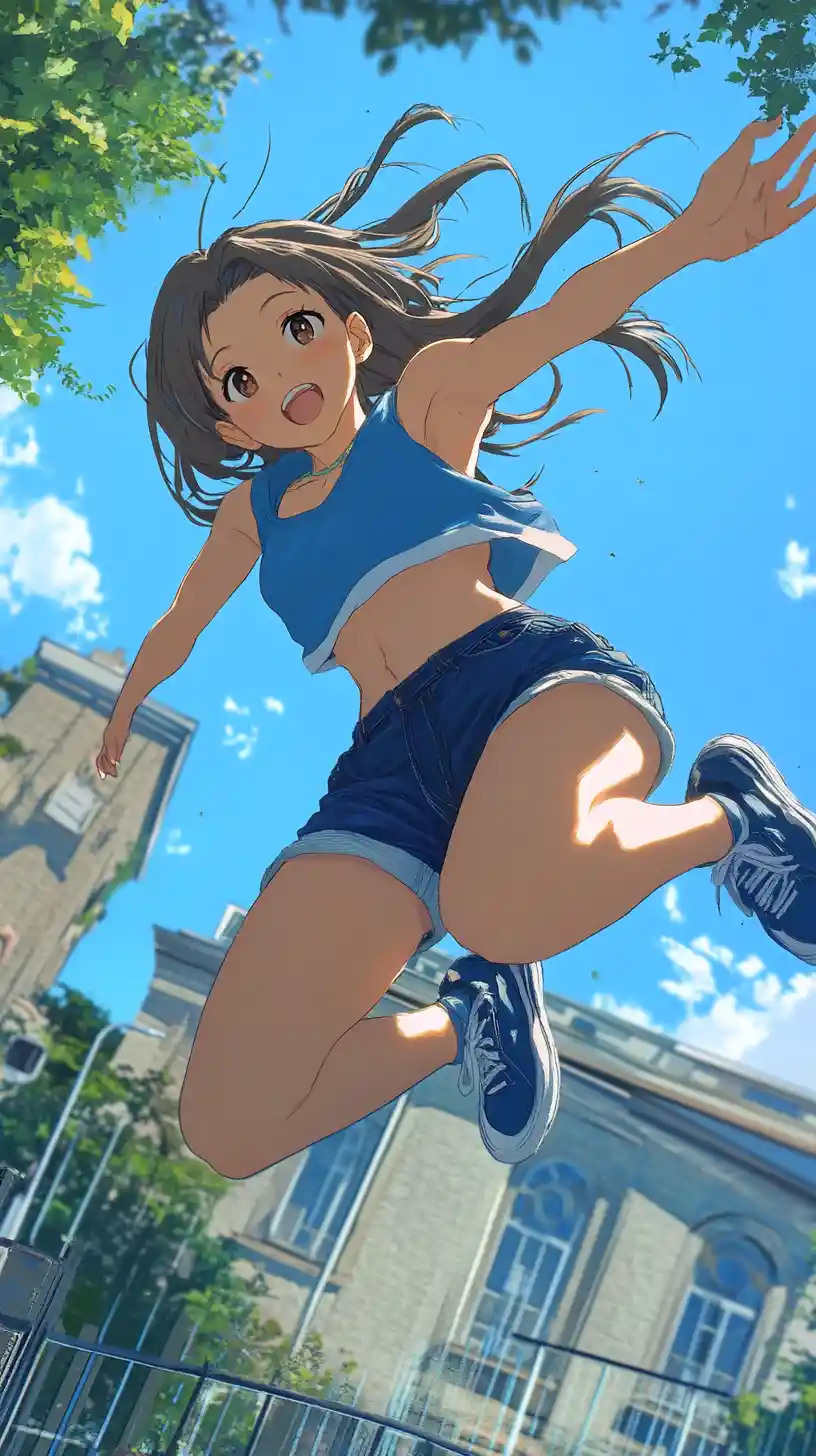 Athletic anime girl leaping high under a bright blue sky