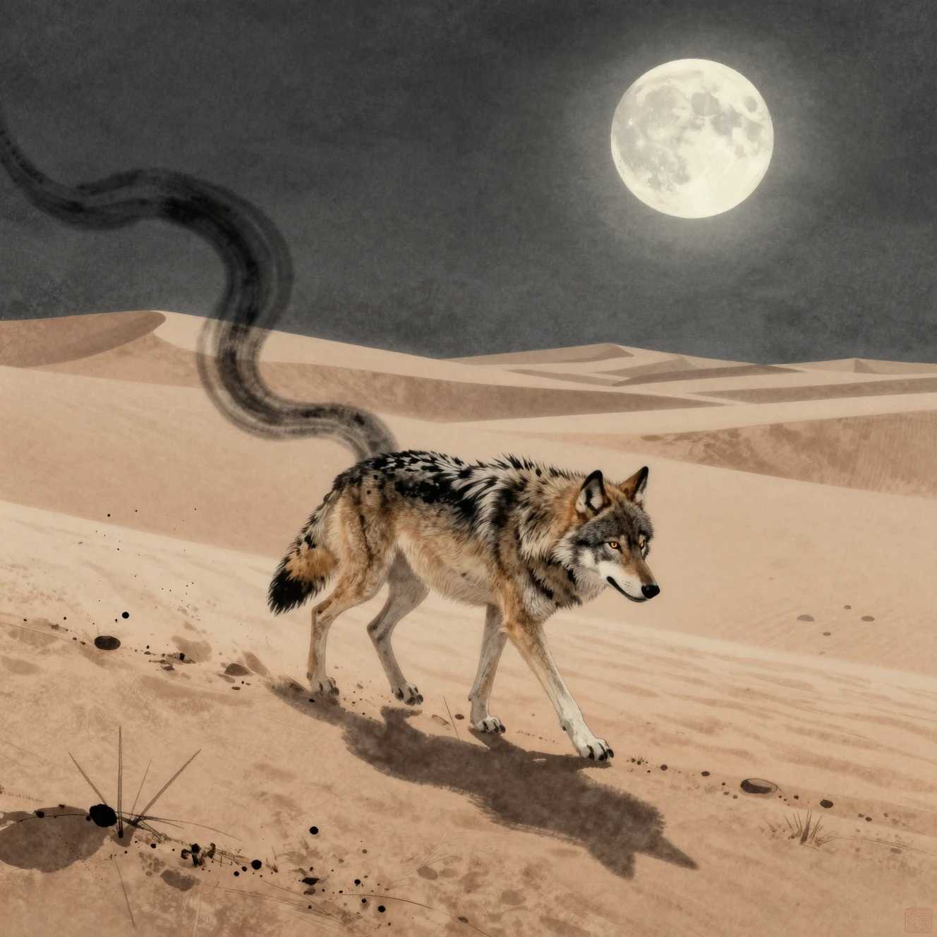 Einsamer Wolf überquert mondbeschienene Dünen in der Wüstennacht