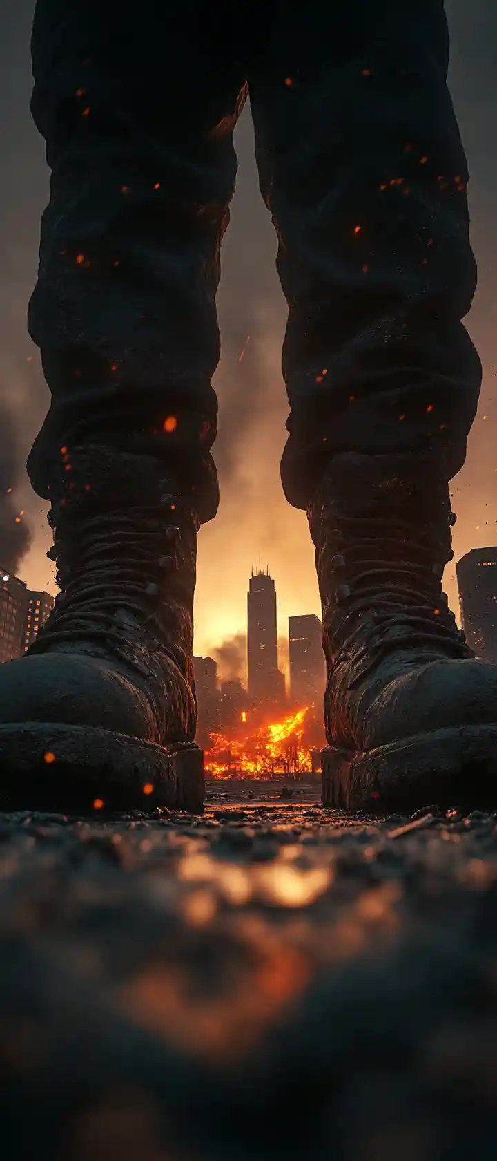 Gigantescas botas militares pairando sobre ruas em chamas
