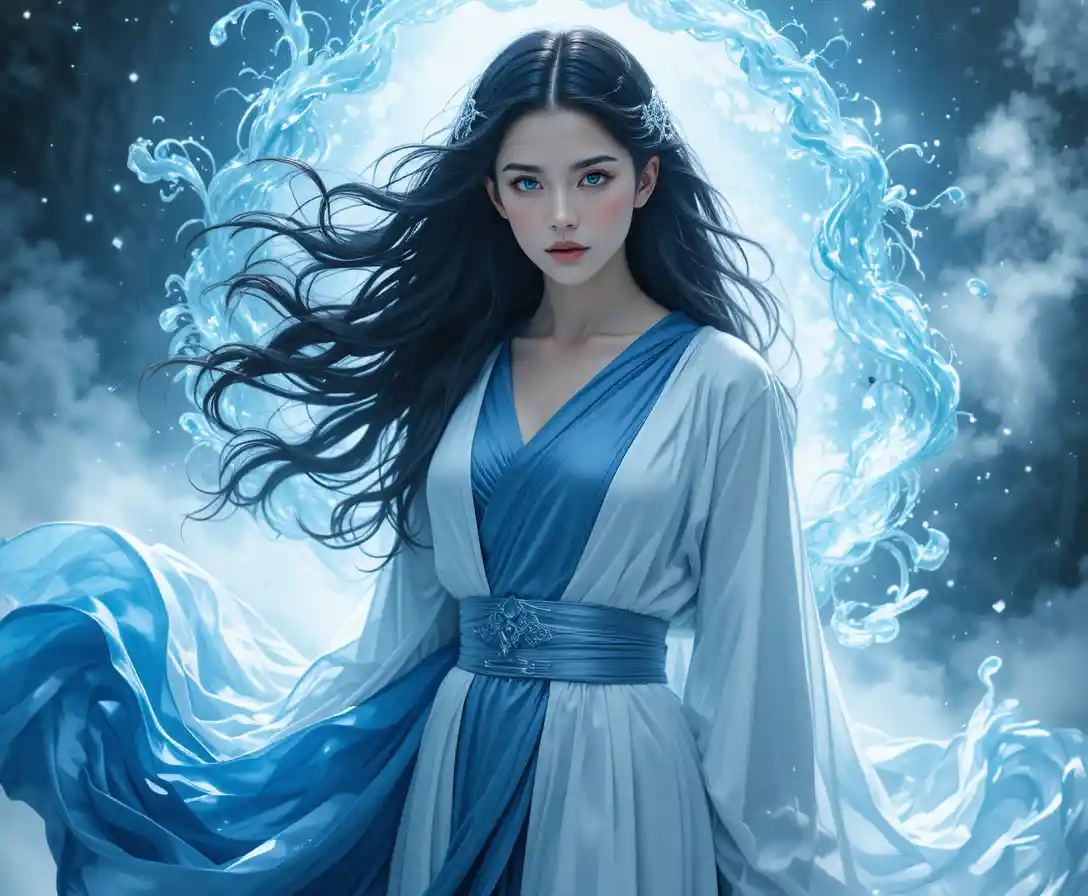 Sorceress with blue eyes in flowing silk robes