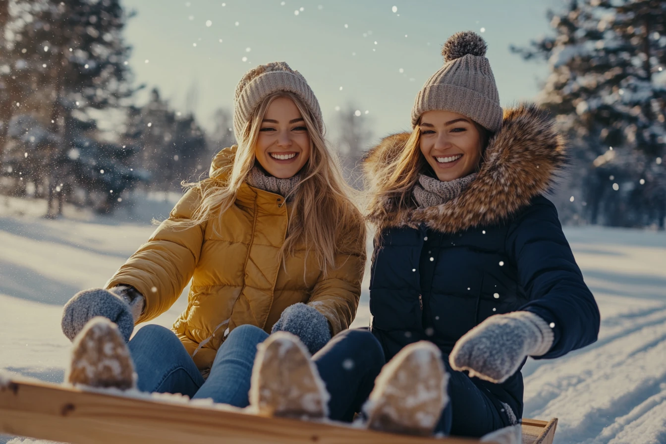 Duas mulheres andando em um trenó de madeira na suave luz do inverno