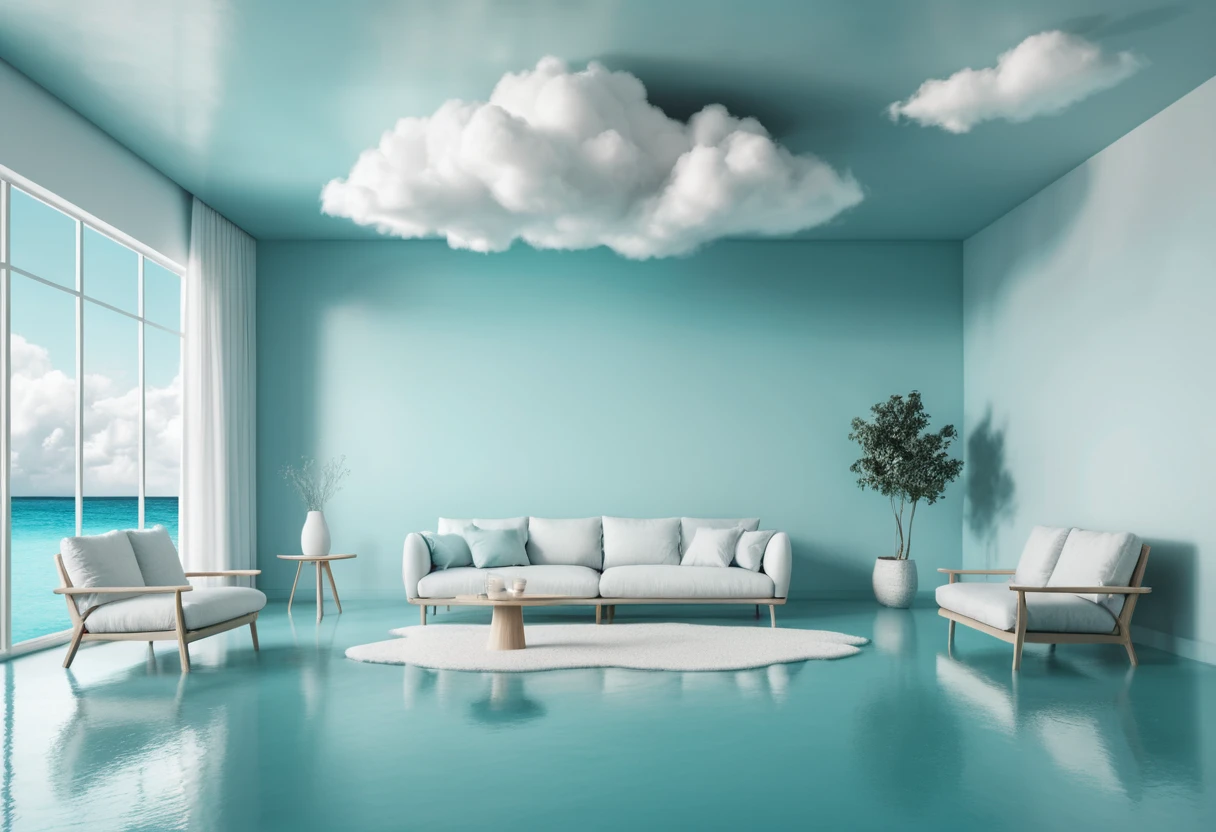 Surreal living room with cloud sofa over turquoise water