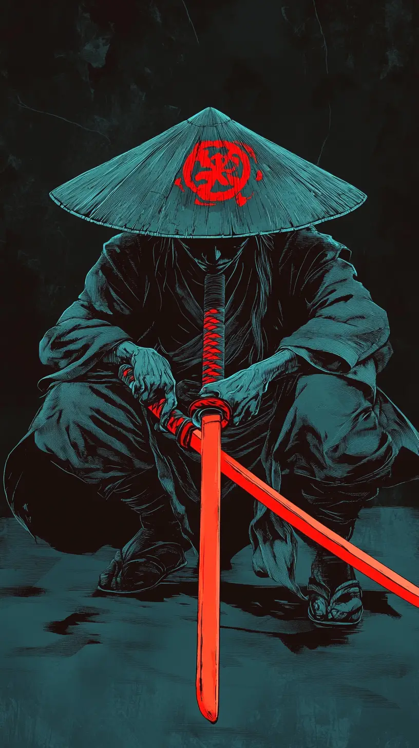 Stoic warrior with katana in minimalist vector art