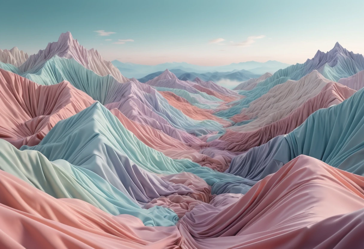 Surreale Stoffberge in einer sanften Pastell-Fantasielandschaft