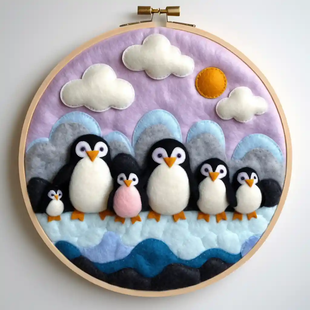 Handgefertigte Filz-Pinguine in einer traumhaften polaren Baumwolllandschaft