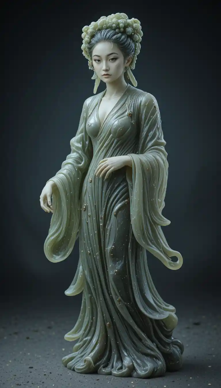 Serene Jade Statue Carved From Dark Obsidian Stone
