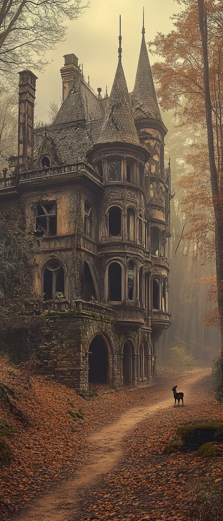 Decaying Victorian villa in a misty forest at sunset