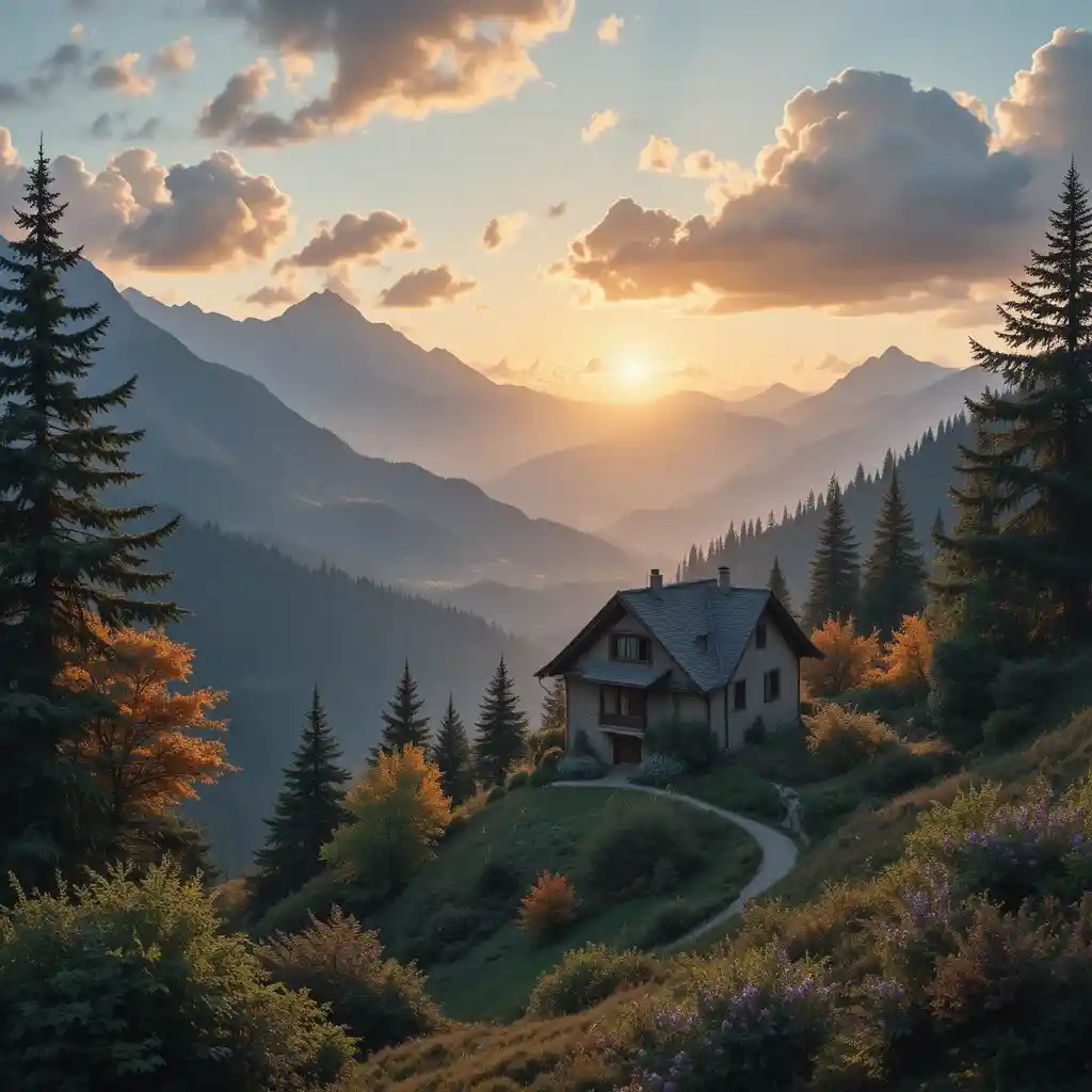 Mountain house at sunrise with trees and soft clouds