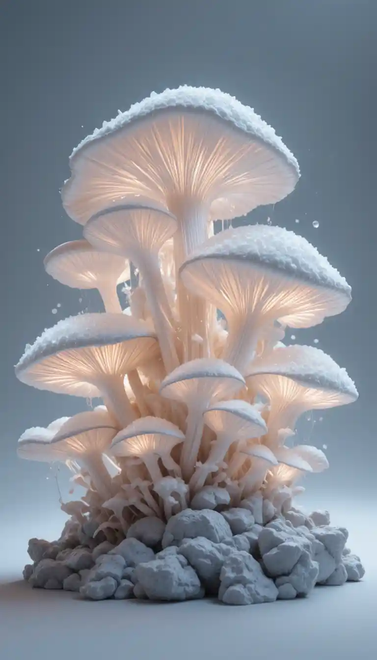 Glowing three dimensional fungal colony on minimal background