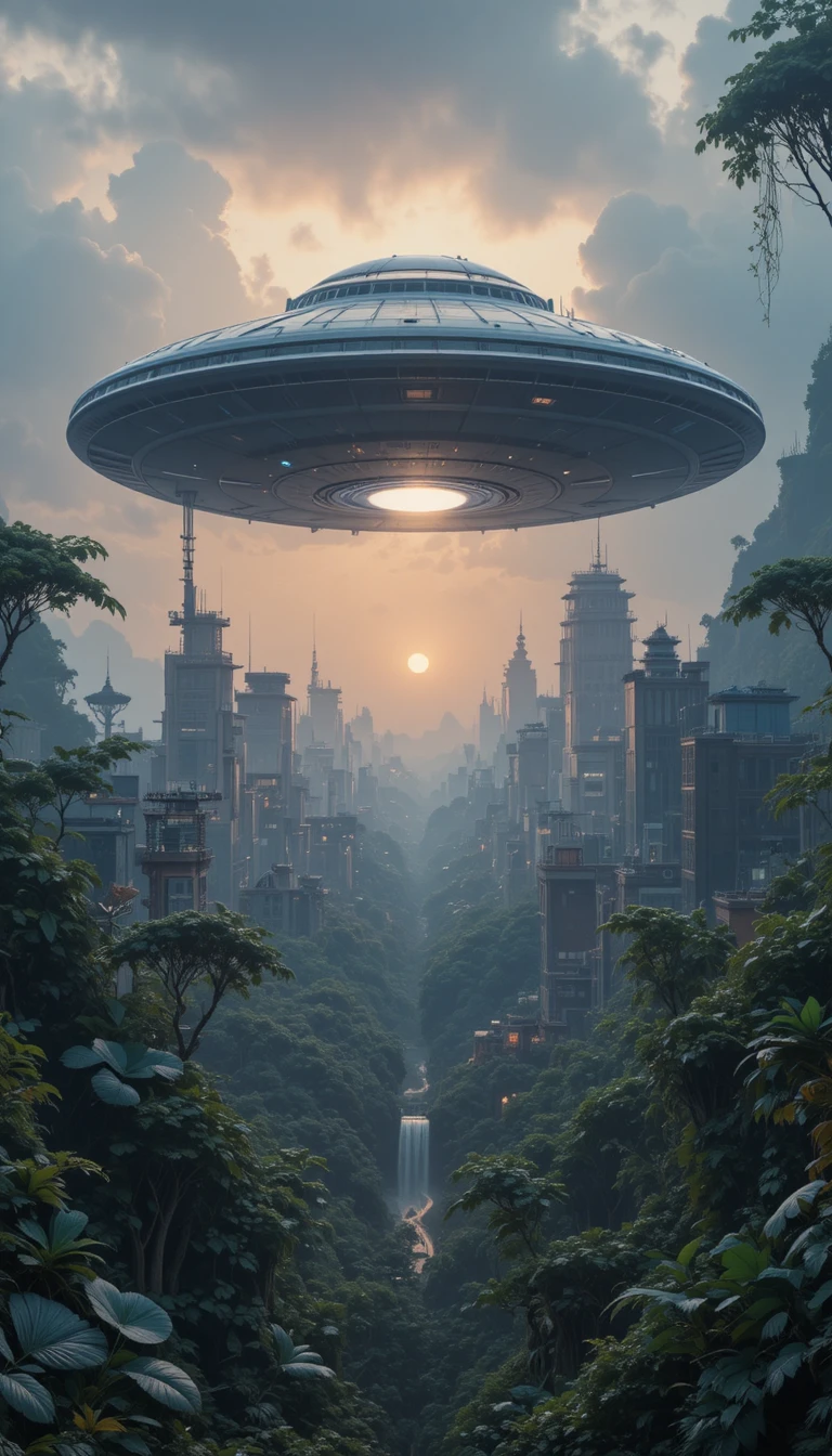 未來感飛碟懸浮在茂密叢林景觀上空