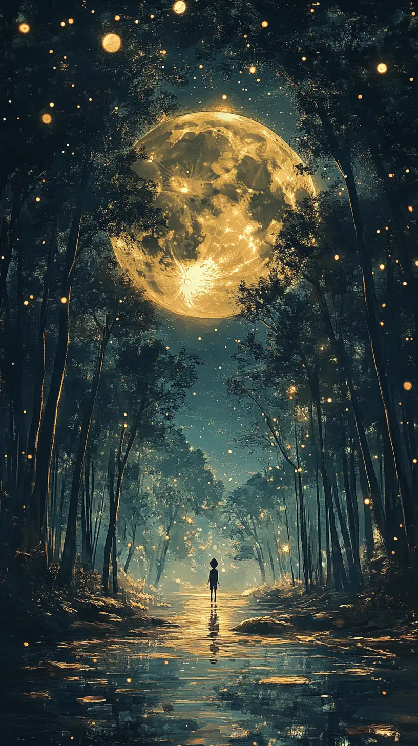 Lone figure in flooded forest under glowing moon