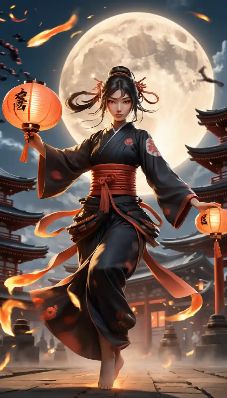 Guerrera ninja de anime girando abanicos de fuego en un templo