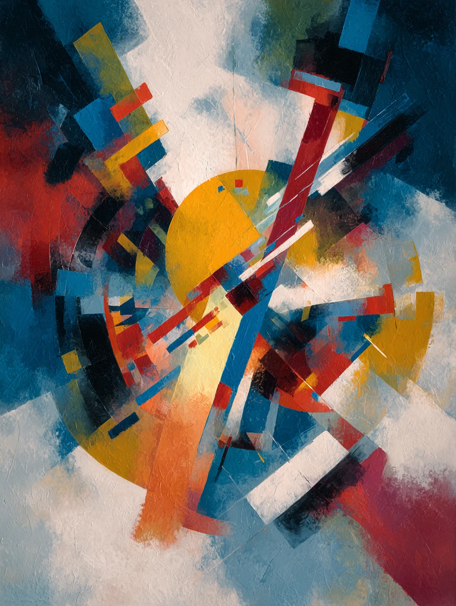 Layered abstract painting of sharp geometric forms and color