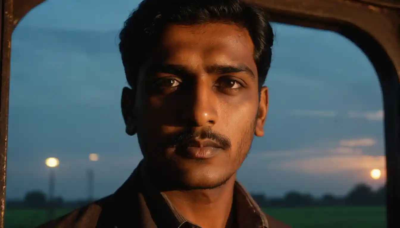 Intense man in a train doorway at dusk with steam