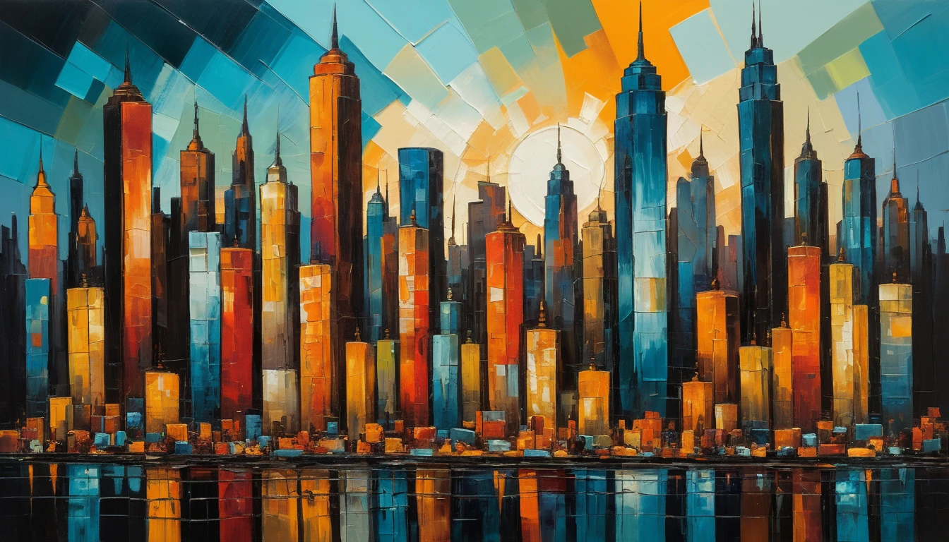 Abstract fragmented cityscape painting at dusk in vivid color