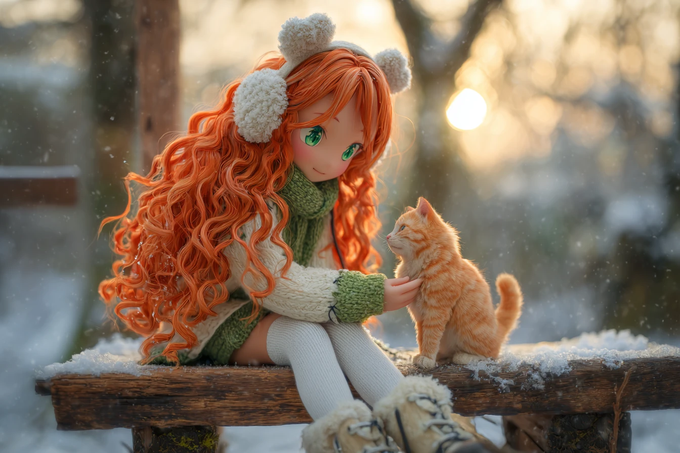 Anime girl with red hair petting kitten in snowy garden