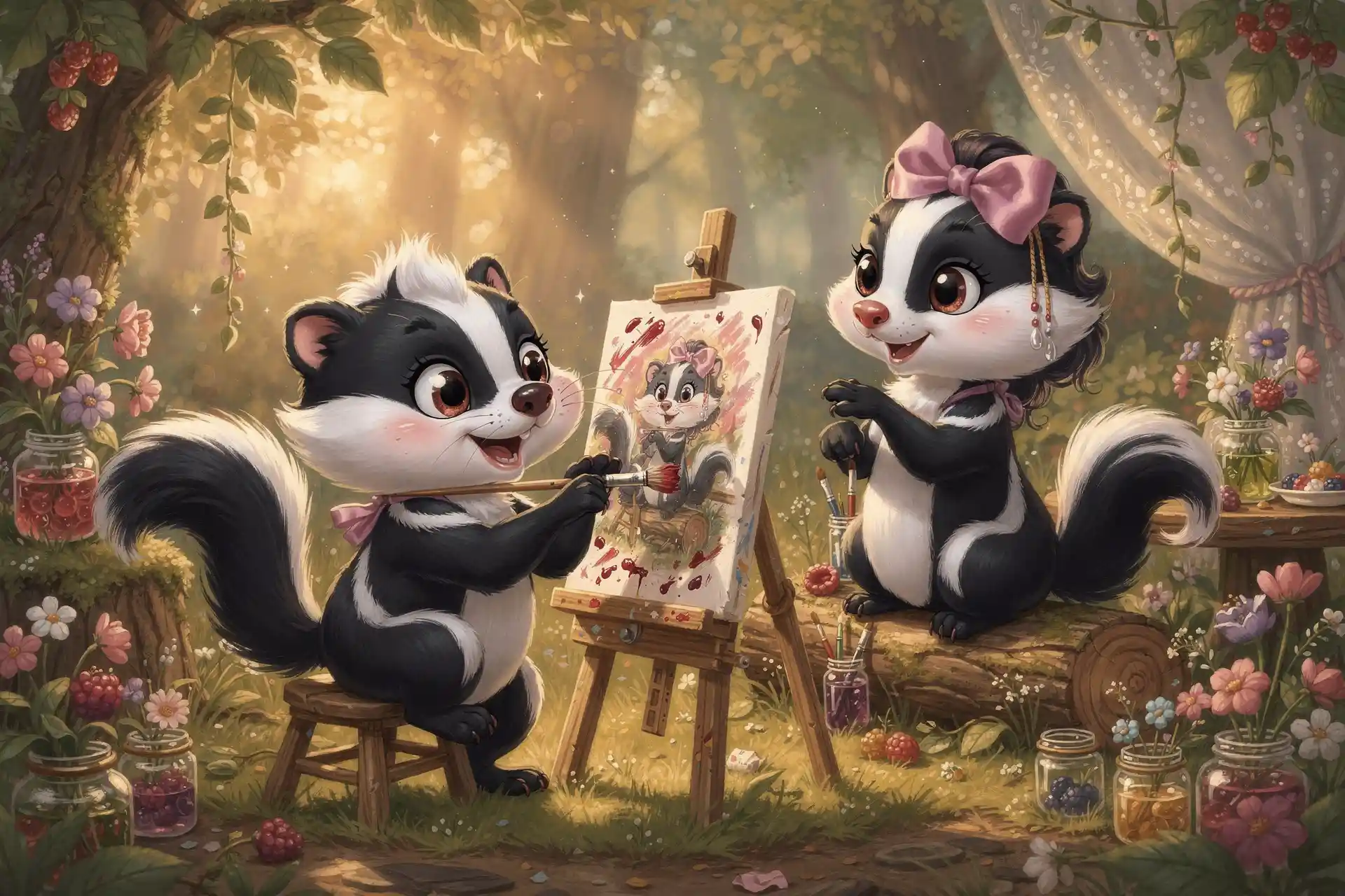 Cucciolo di puzzola che dipinge una puzzola con fiocco in uno studio nel bosco
