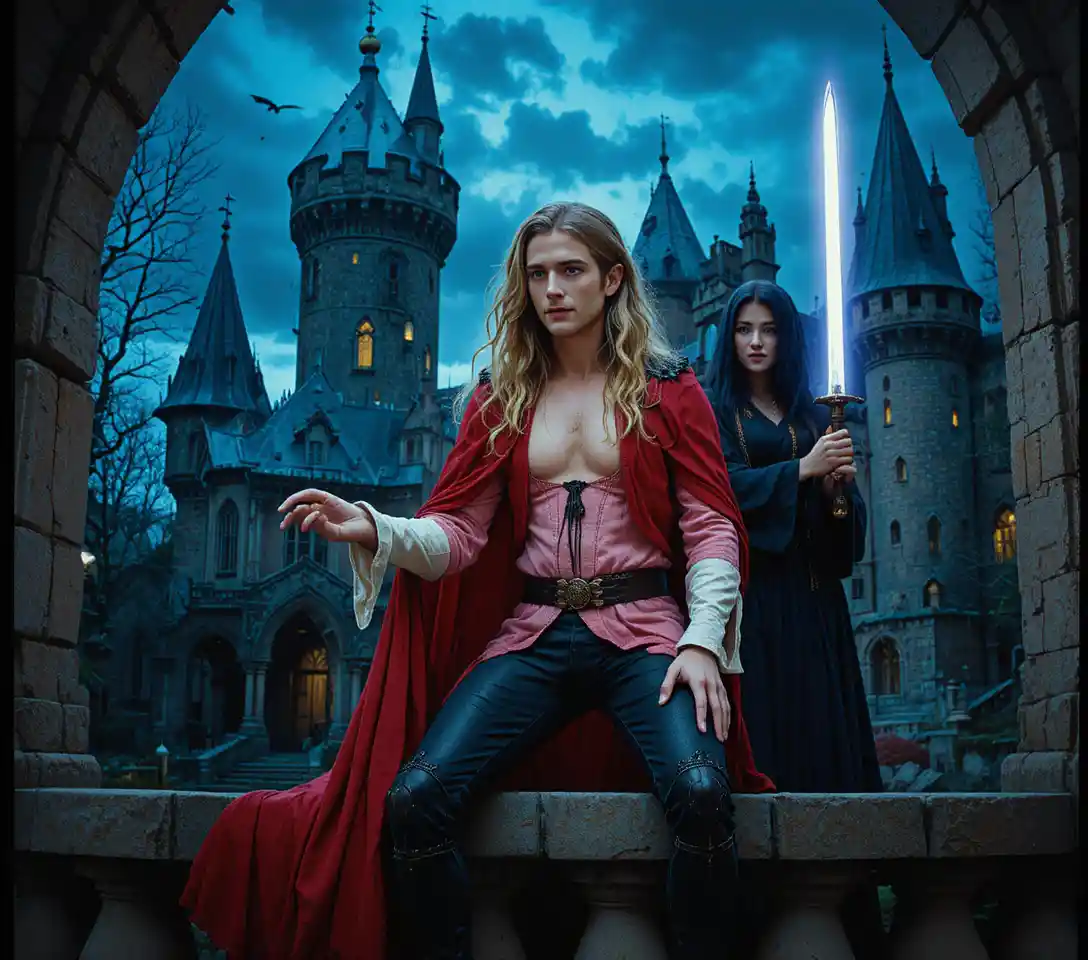 Gothic nobleman on a stone balcony under stormy night sky