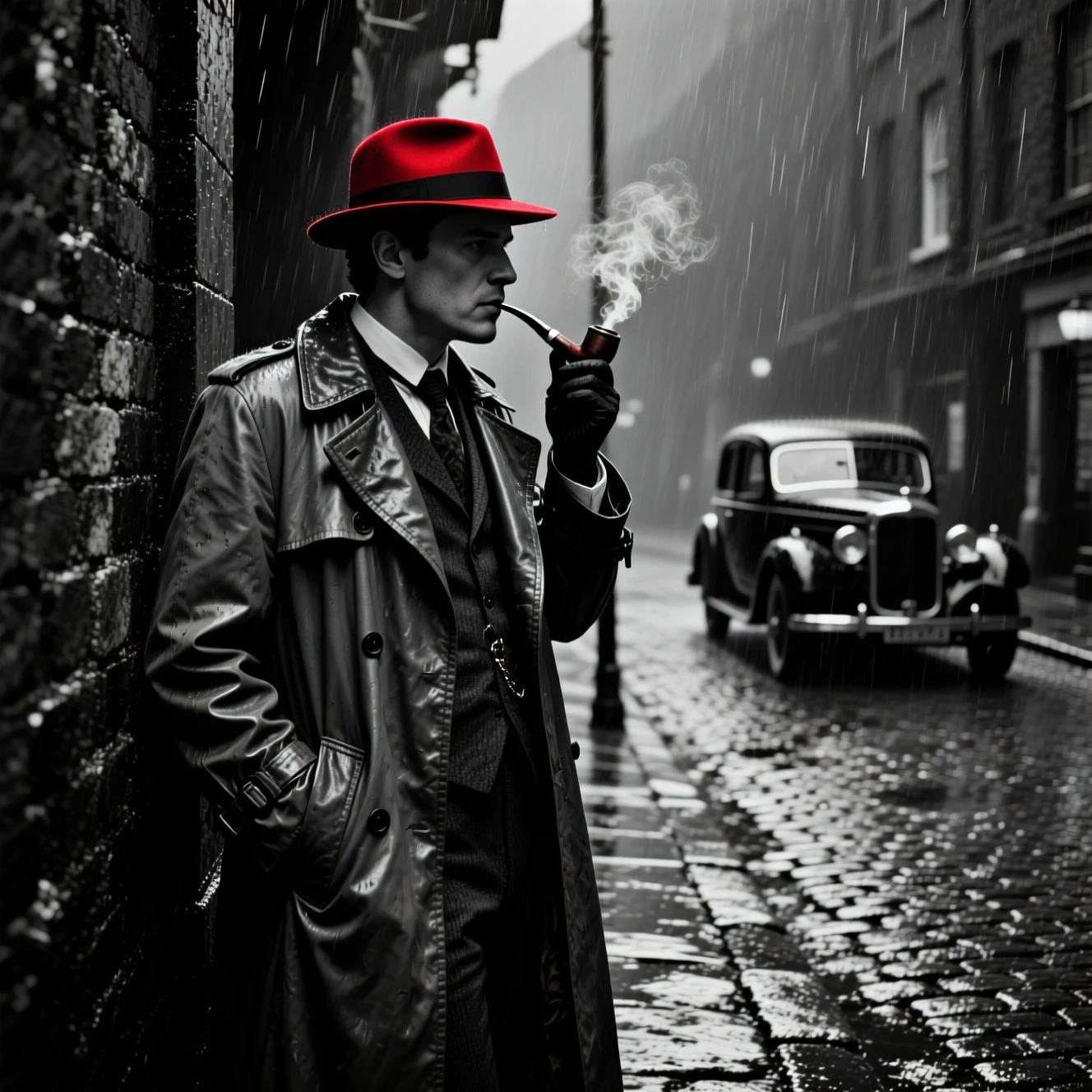 Detective In Rainy Alley With Red Hat And Pipe