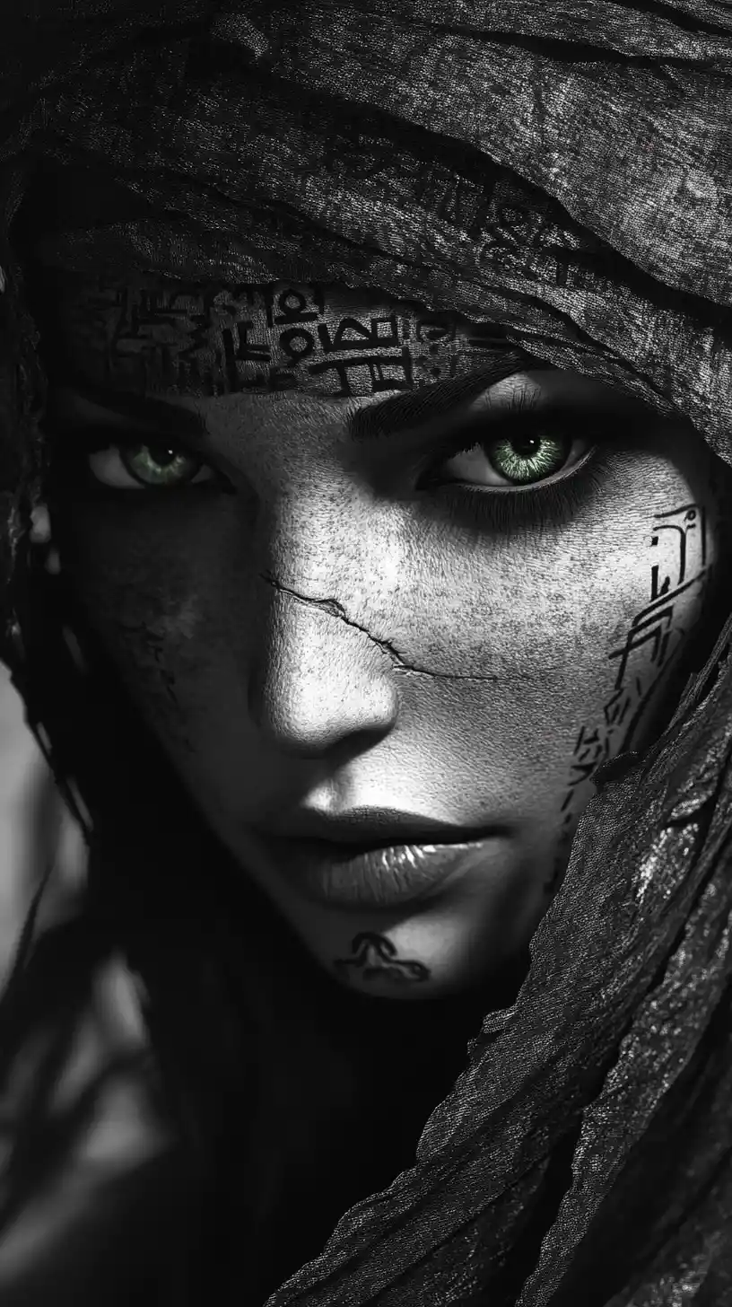 Mysterious Egyptian woman in bandages with vivid green eyes