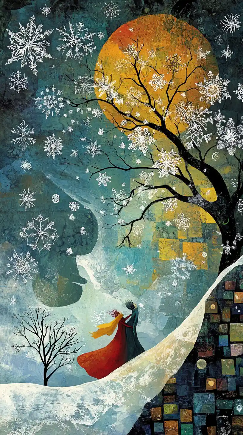 Escena de Navidad Cubista de Ensueño con Copos de Nieve Danzantes
