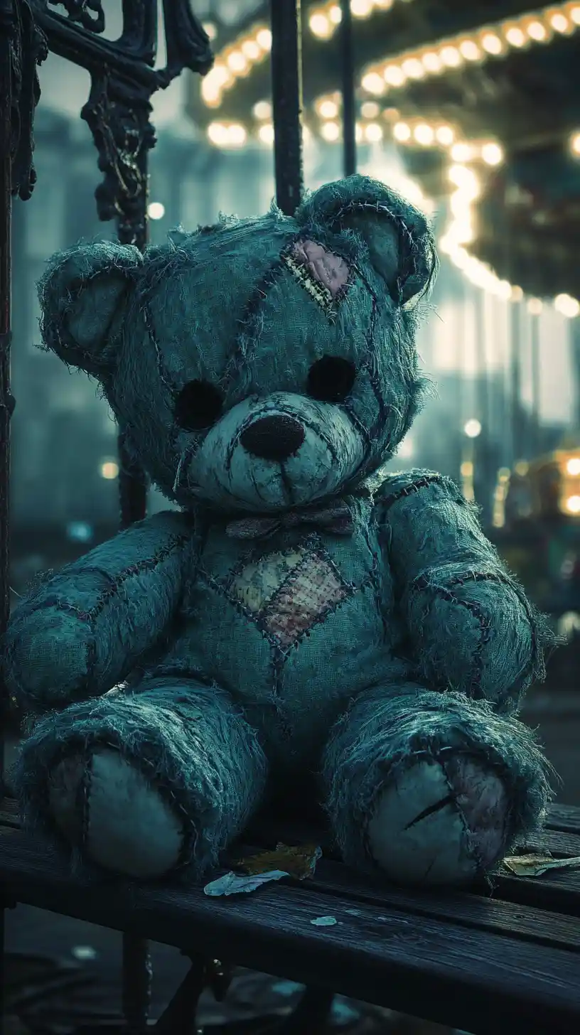 Gothic teal teddy bear on a bench at midnight