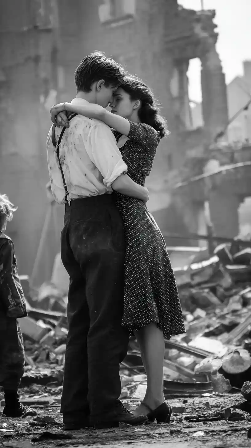 Young couple dancing a waltz in a ruined city