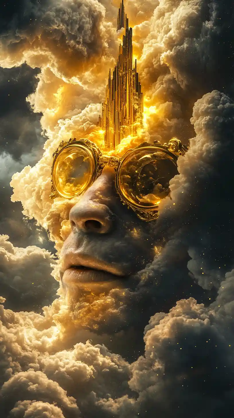 Surreal Monkey In Golden Glasses Facing A Twisting Cloud Portal