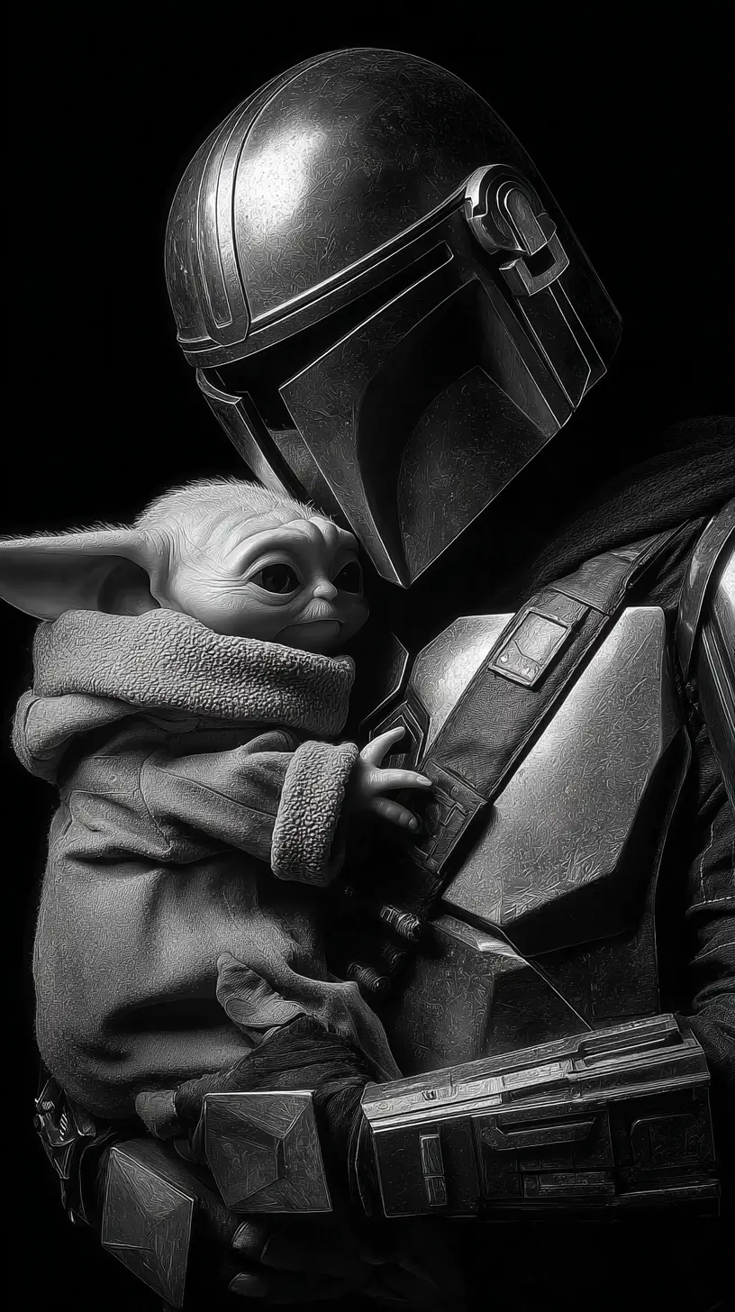Black and white portrait of armored warrior holding small creature