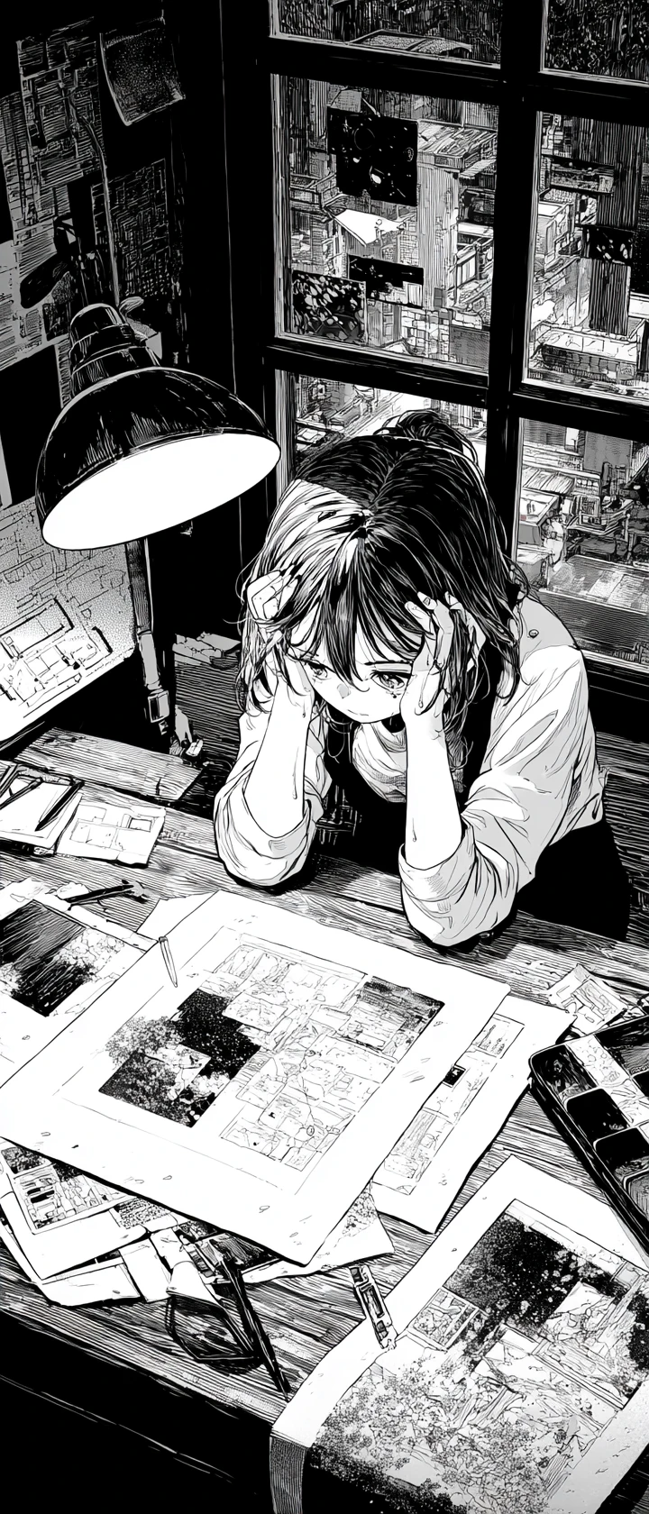Crying manga artist girl at desk on a rainy night
