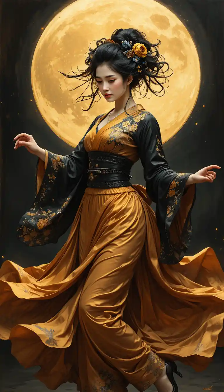 Geisha Dancing In Moonlight With Flowing Silk Dress