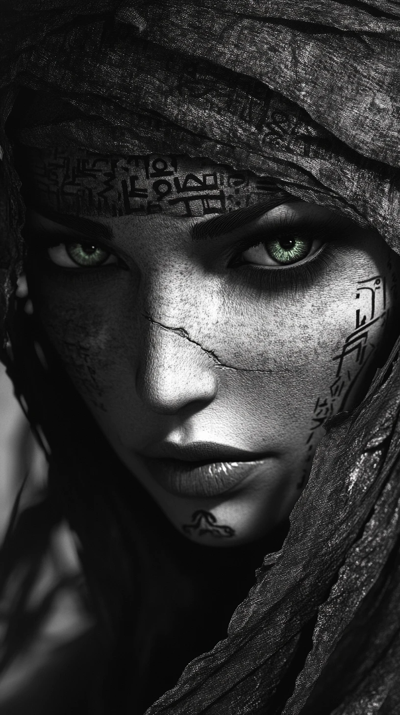 Mysterious Egyptian woman in bandages with vivid green eyes