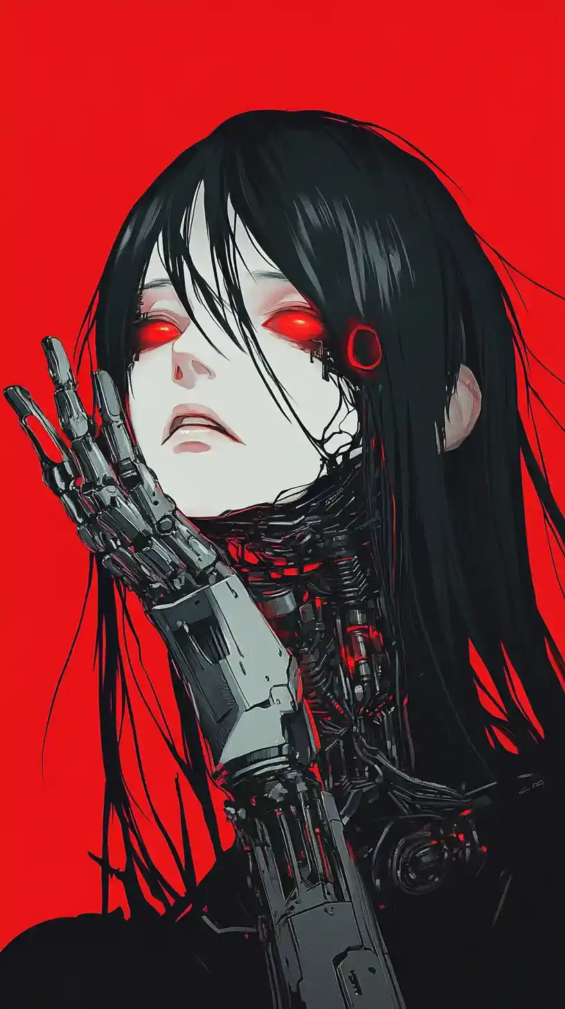Cyborg woman with red eyes against solid crimson background