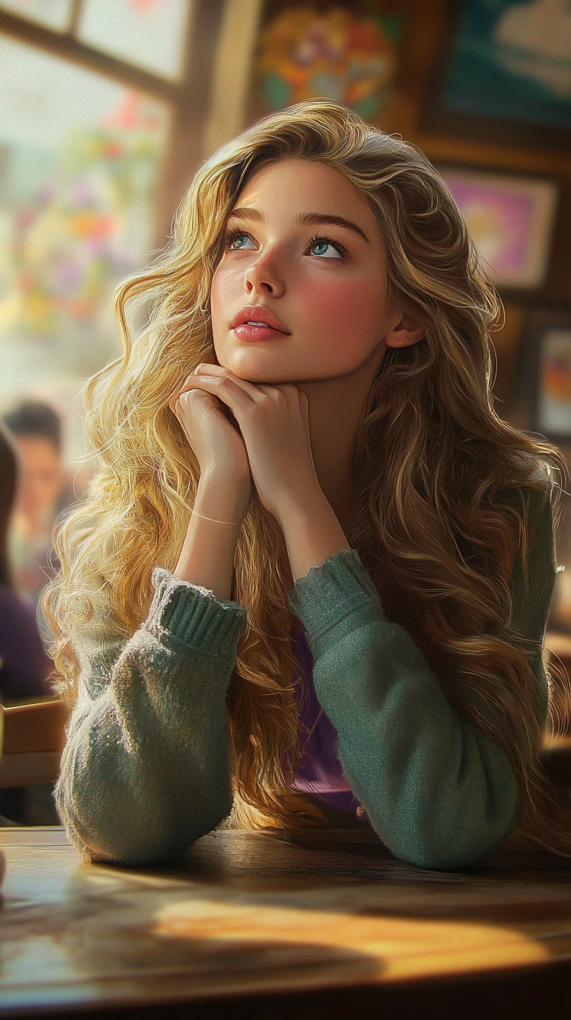 Dreamy blonde girl in sunlight at a quiet cafe
