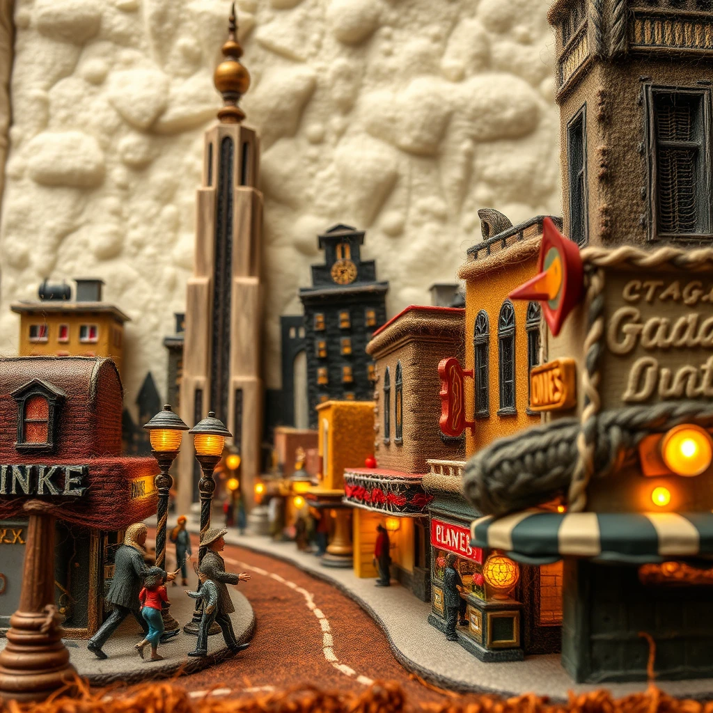 Città in miniatura di lana che irradia un calore urbano retrò