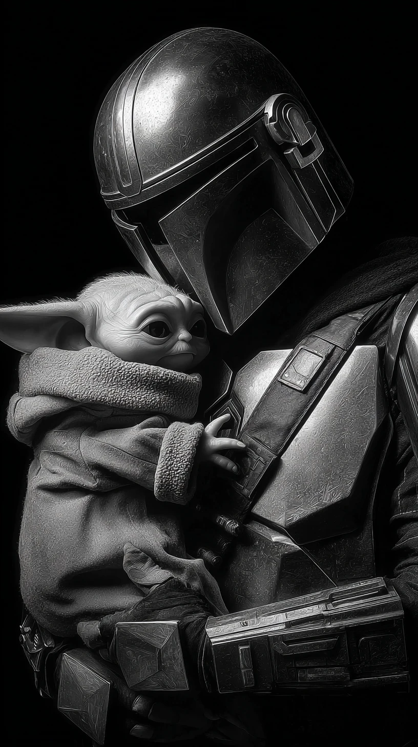 Black and white portrait of armored warrior holding small creature
