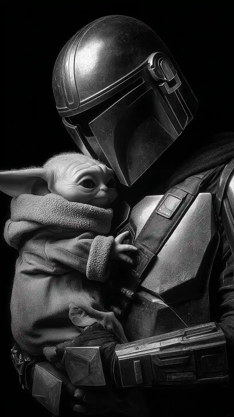Black and white portrait of armored warrior holding small creature