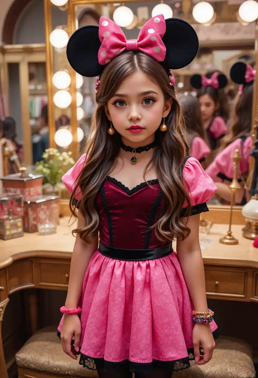 Niño preadolescente con vestido rosa de Minnie en tocador de boutique