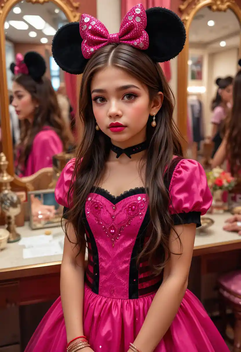 Tween boy styled in pink Minnie dress at boutique vanity