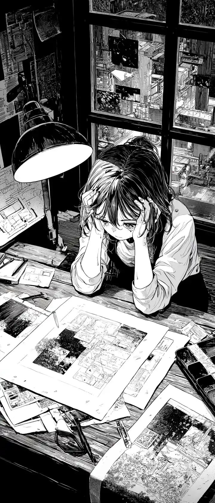 Crying manga artist girl at desk on a rainy night