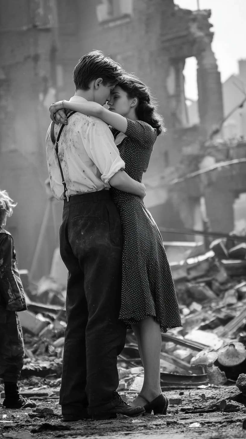 Young couple dancing a waltz in a ruined city