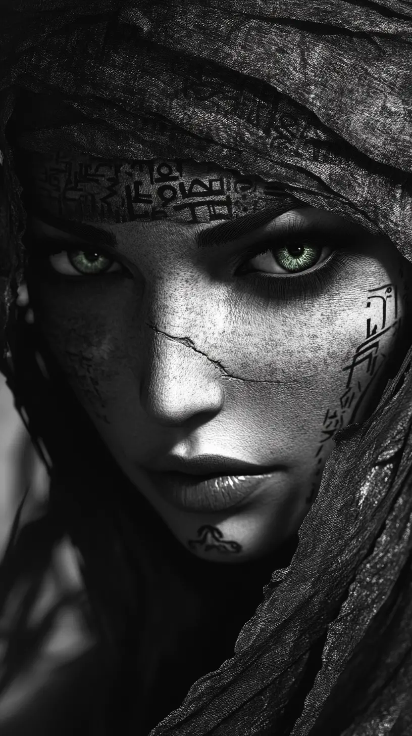 Mysterious Egyptian woman in bandages with vivid green eyes